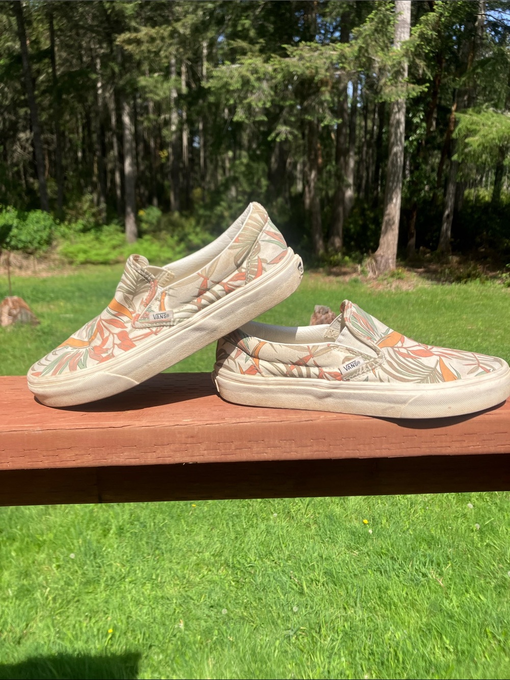 Vans Women’s Slip-On Canvas Sneakers — Cream with Orange & Green Floral
